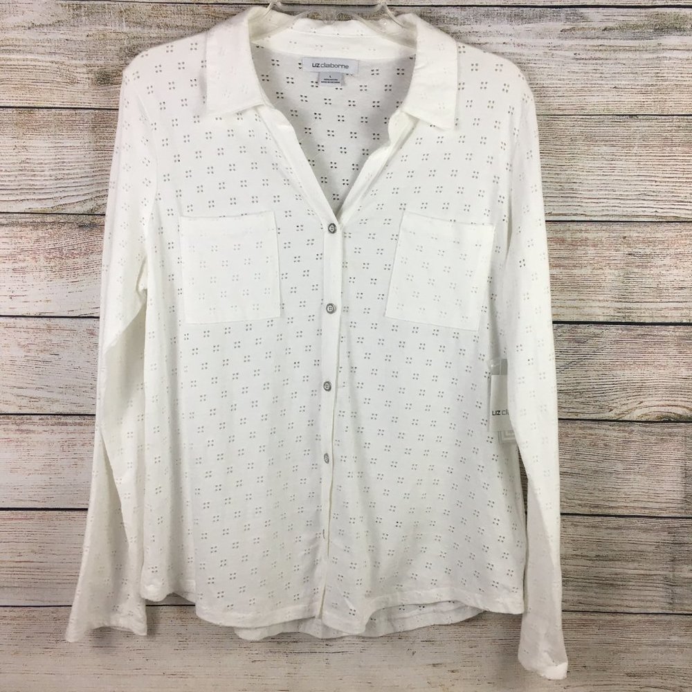 Liz Claiborne Eyelet Roll Cuff Knit Shirt Top Button Up V-Neck